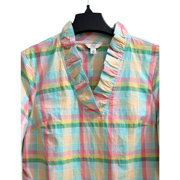 Crown & Ivy Pastel Plaid Ruffle Neck Top Preppy Old Money Classic Spring Summer - Picture 3 of 6